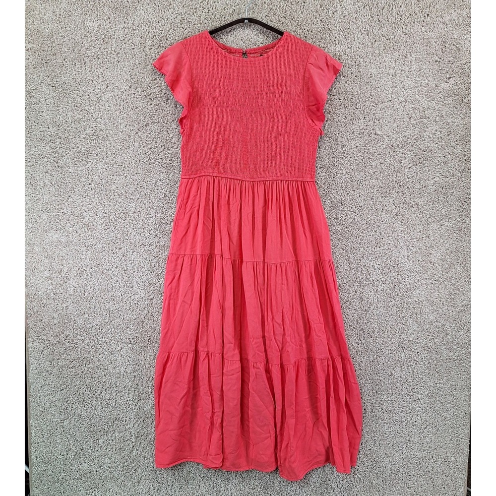 Merokeety Dress Womens Large Red Smocked Tiered Midi Short Flutter Sleeve Boho